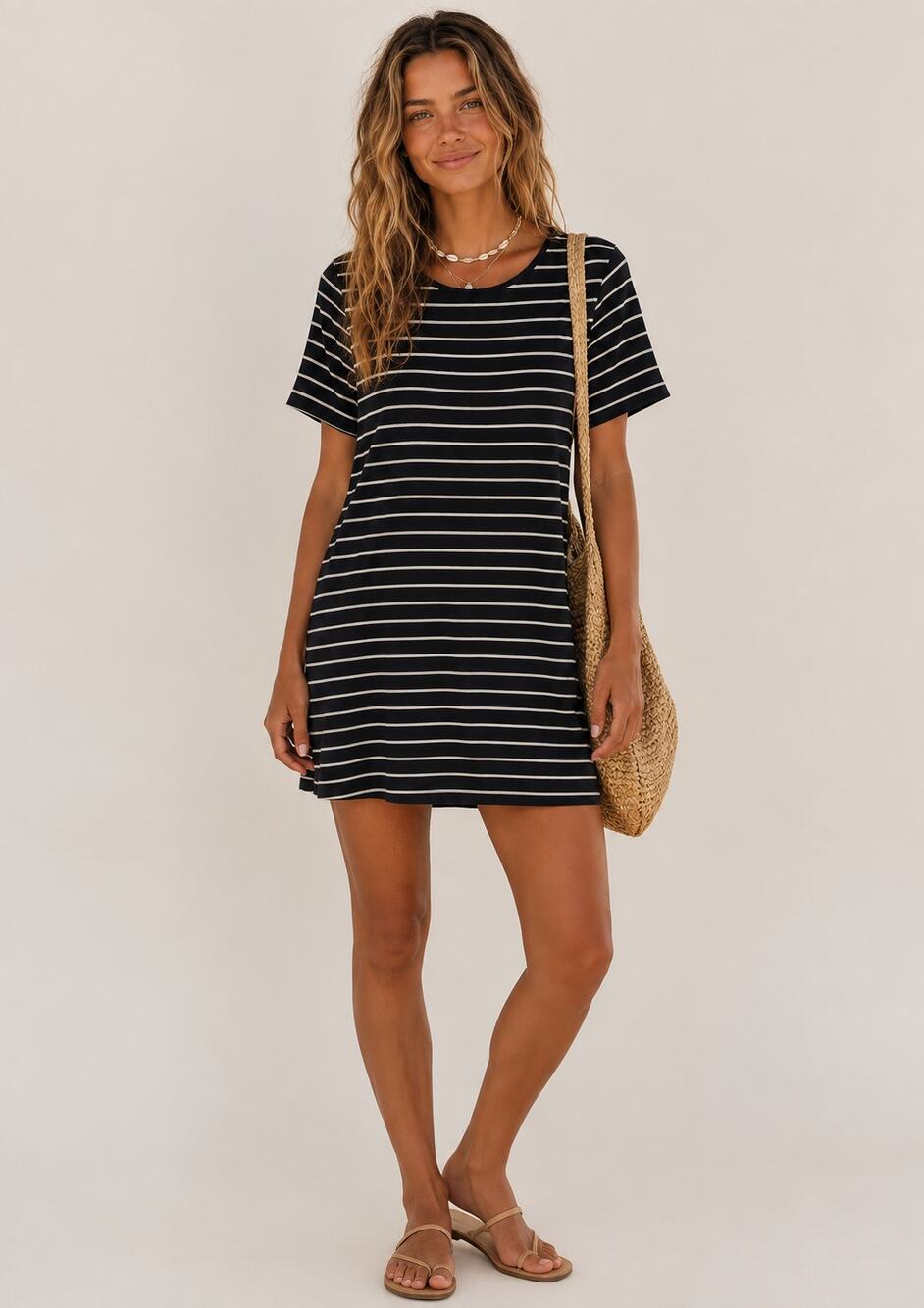 White House Black Market Striped T-Shirt Dress Navy & White Small Coastal Preppy